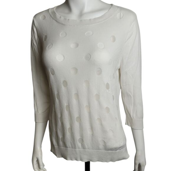 Halogen Women White Sheer Polka Dot Sweater L Mesh Swiss Dot Monochrome Layering - Picture 2 of 8